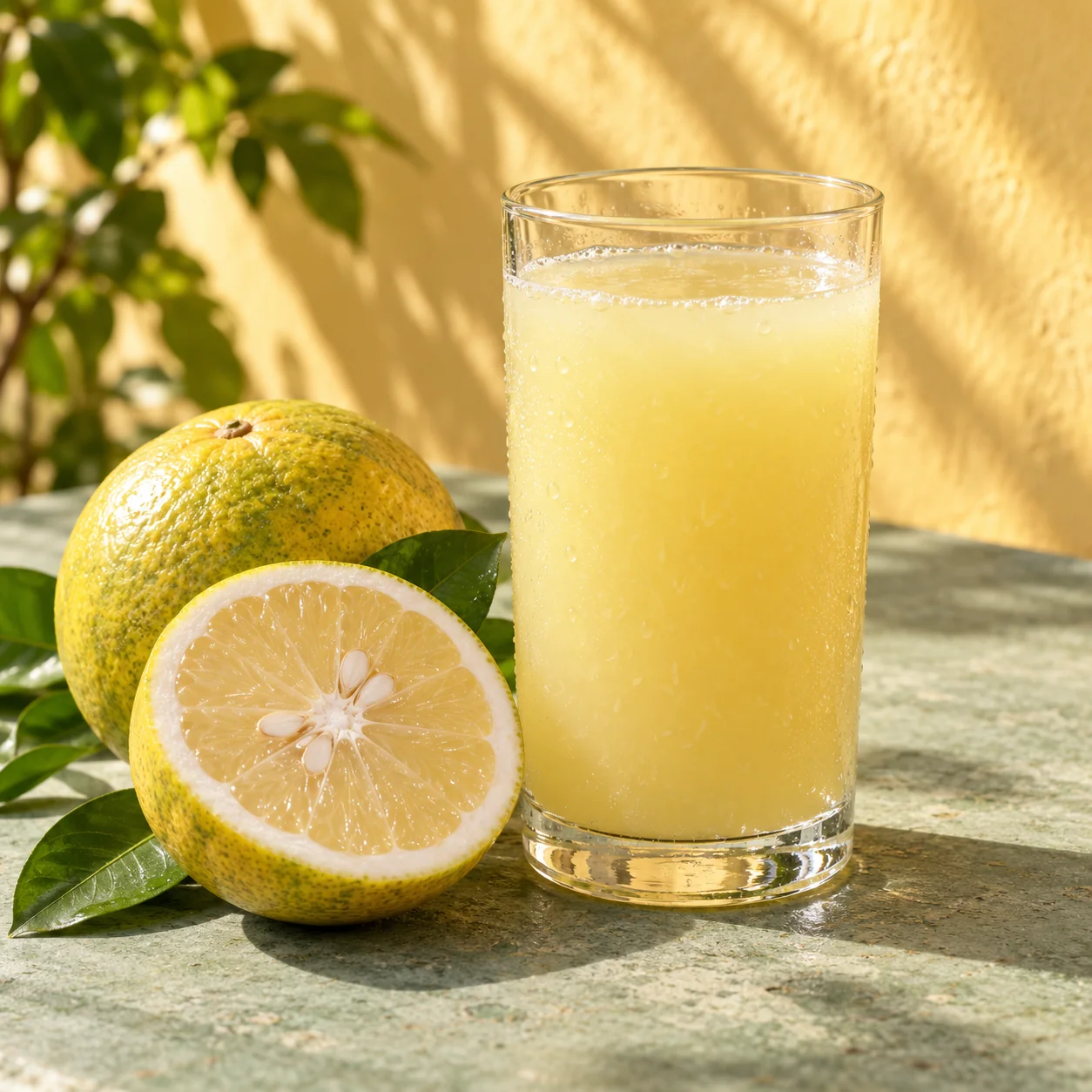 A glass of fresh organic mosambi juice beside whole and freshly cut green-yellow mosambi